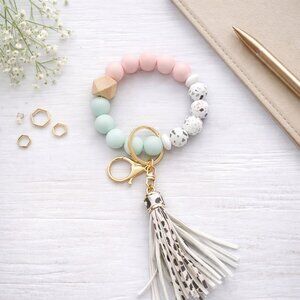 Pastel Terrazzo Silicone Bead Wristlet Keychain with Tassel